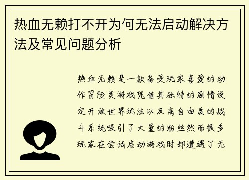热血无赖打不开为何无法启动解决方法及常见问题分析